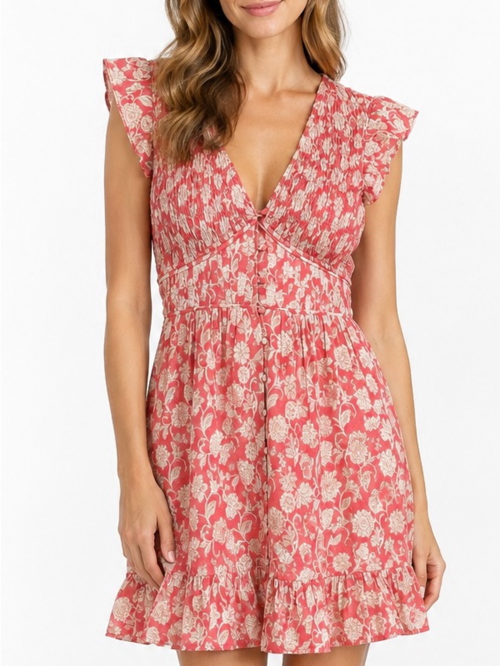 Anthropologie The Peregrine Mini Dress Coral Floral Smocked Boho Cottagecore SP